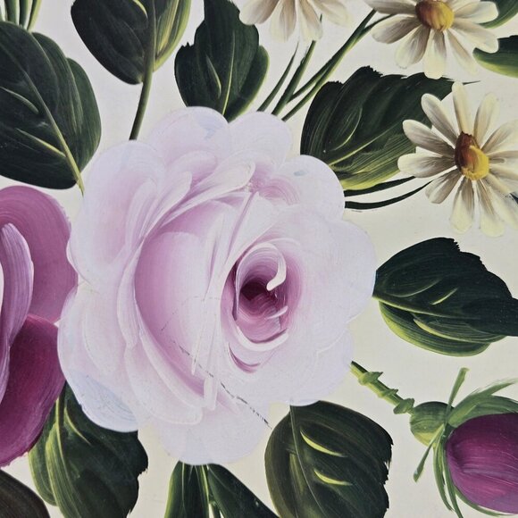 Tole by Pilgrim Art Large Round Metal Tray Roses and Daisy Pattern Gold Rim - Picture 3 of 15